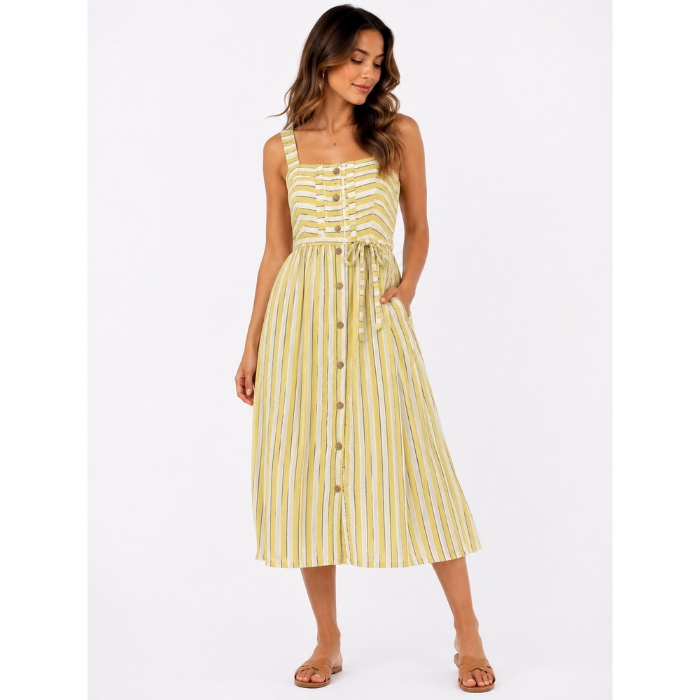 Rachel Zoe Midi Dress Women 6 Yellow Striped Linen Button Front Sun Dress Summer